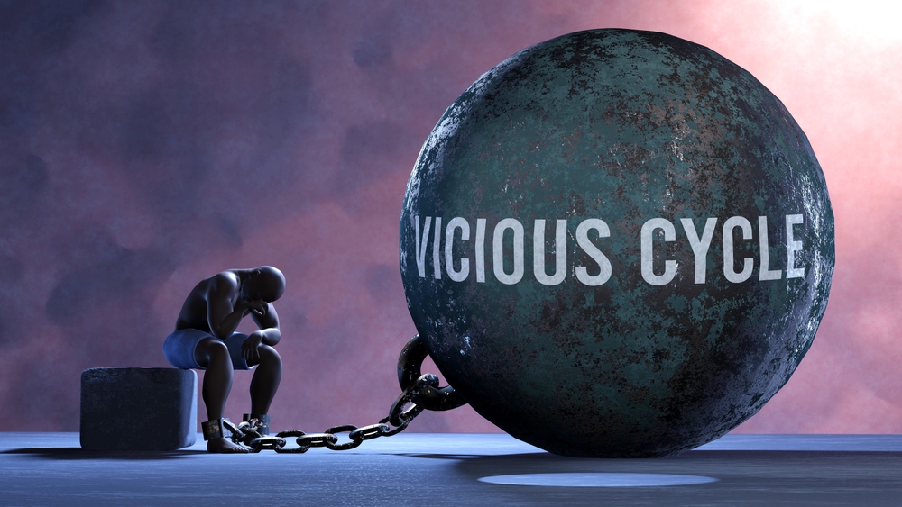 man attached to ball and chain that reads vicious cycle